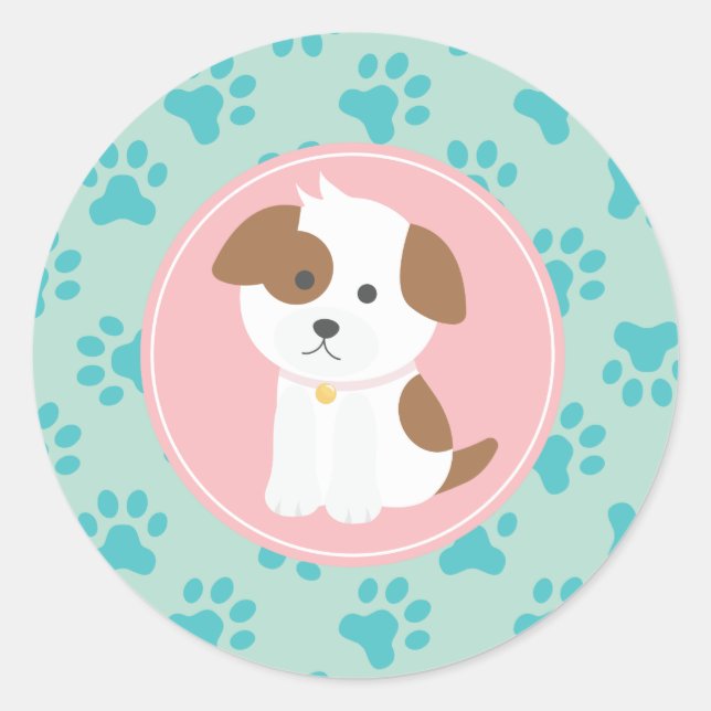 Puppy Birthday Party Sticker mint  and pink (Front)