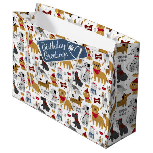Puppy Breeds Cartoon Pattern with Custom Greeting Large Gift Bag