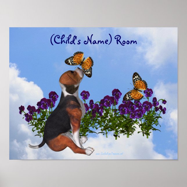 Puppy Butterflies Kids Room Personalised Poster (Front)