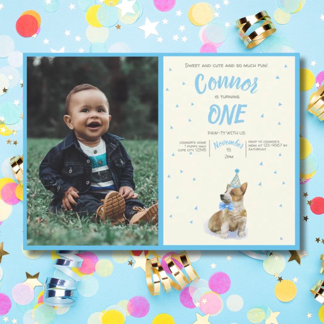 Puppy 🐶 Corgi Boys First Birthday Party Photo Invitation (Puppy 🐶 Corgi Boys First Birthday Party Photo Invitation)