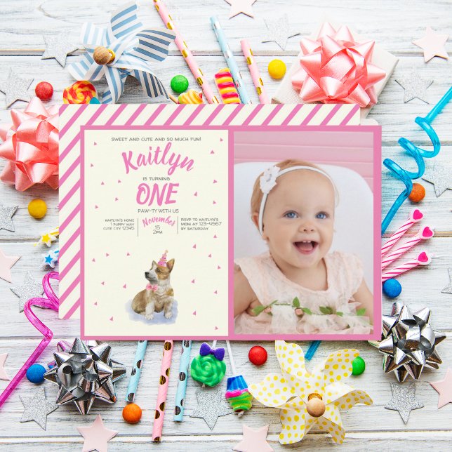 Puppy  🐶 Corgi Dog First Girls Birthday Photo Invitation (Creator Uploaded)
