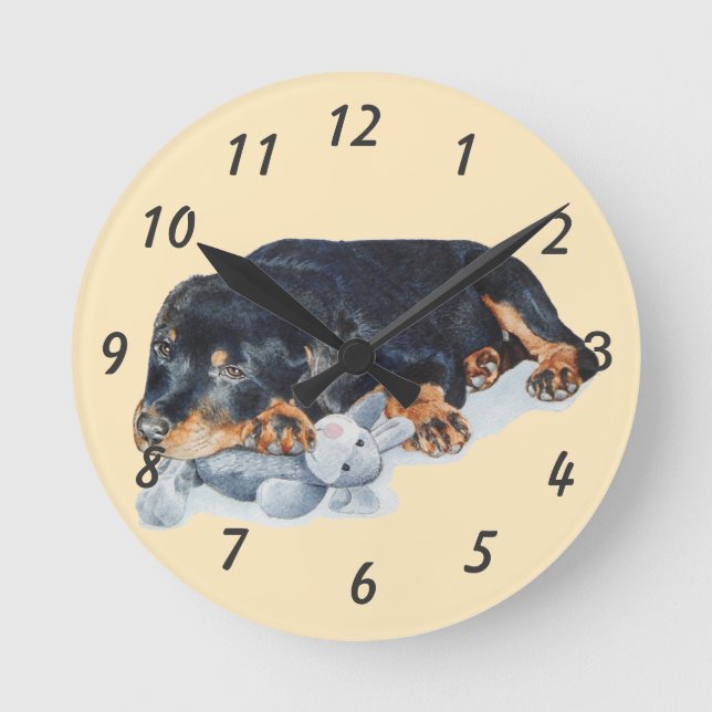 puppy cuddling teddy bear rottweiler dog round clock (Front)