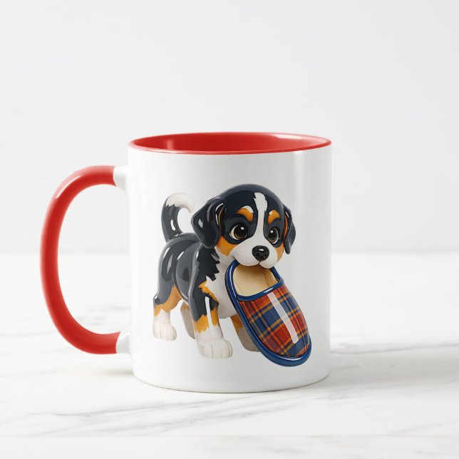 Puppy Cute Glossy Dog Plaid Slipper Mug (Left)