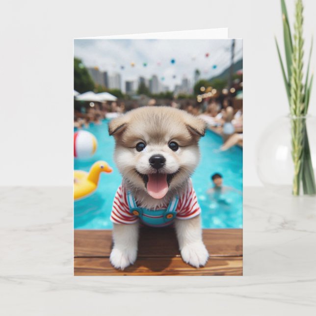 Puppy Cute Pool Party All Occasions Card (Front)