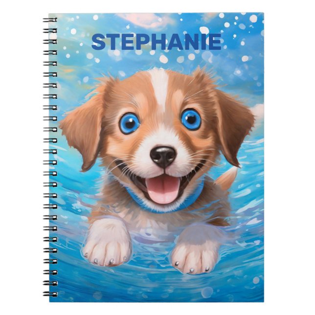 Puppy Cute Swimming Dog Personalised Kids Name Not Notebook (Front)