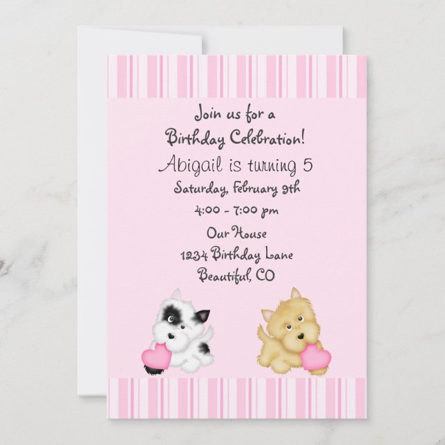 Puppy Dog and Hearts Birthday Invitation for Girls (Front)