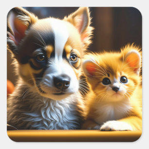 Puppy Dog and Orange Kitten Ai Art Square Sticker