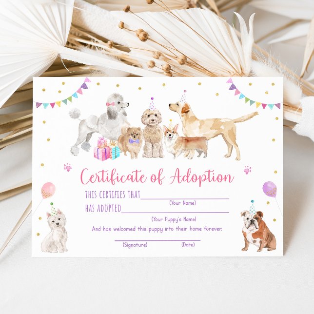 Puppy Dog Birthday Adopt A Puppy Certificate Invitation (Creator Uploaded)