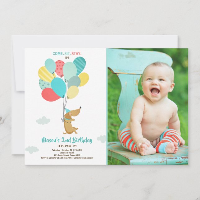 Puppy dog Birthday invitation Balloons Boy Blue (Front)