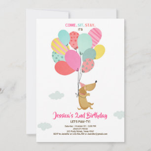 Puppy dog Birthday invitation Balloons Girl pink