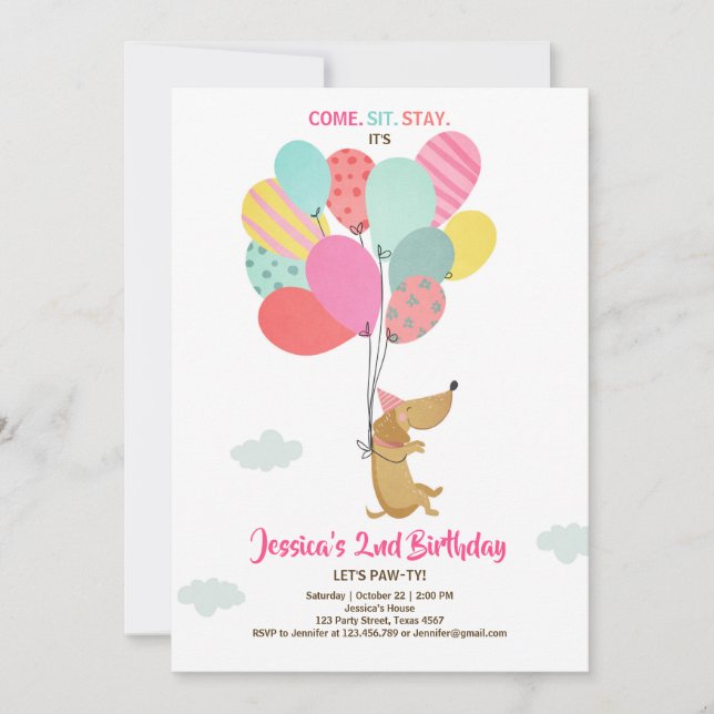 Puppy dog Birthday invitation Balloons Girl pink (Front)