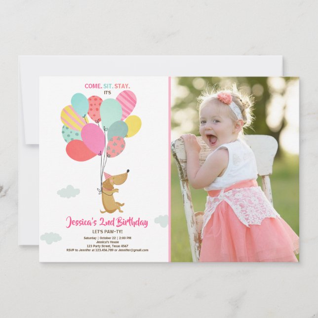 Puppy dog Birthday invitation Balloons Girl pink (Front)