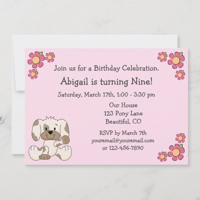 Puppy Dog Birthday Invitations for Girls (Front)