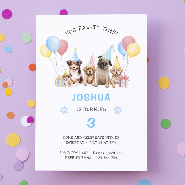 Puppy Dog Birthday Party Blue Watercolor Invitation (Creator Uploaded)