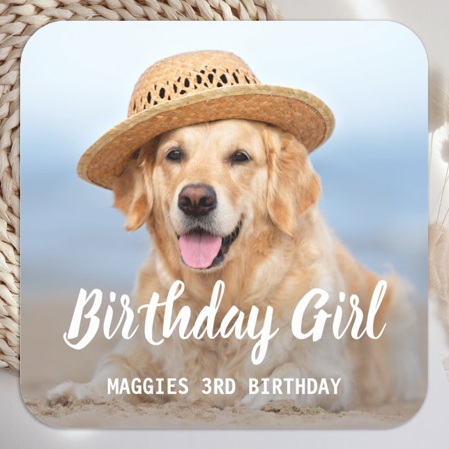 Puppy Dog Birthday Party Personalised Pet Photo Square Sticker (Creator Uploaded)