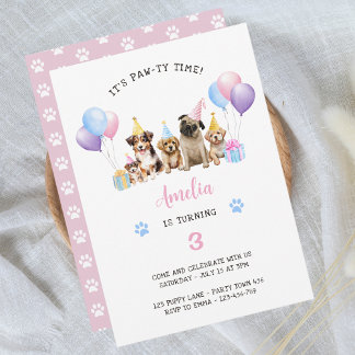 Puppy Dog Birthday Party Pink Watercolor Invitation