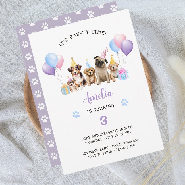 Puppy Dog Birthday Party Purple Watercolor Invitation (Creator Uploaded)