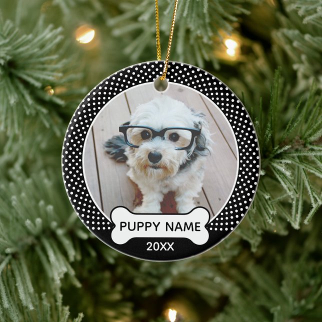 Puppy Dog Christmas Photo Polka Dot Black Ceramic Ornament (Tree)