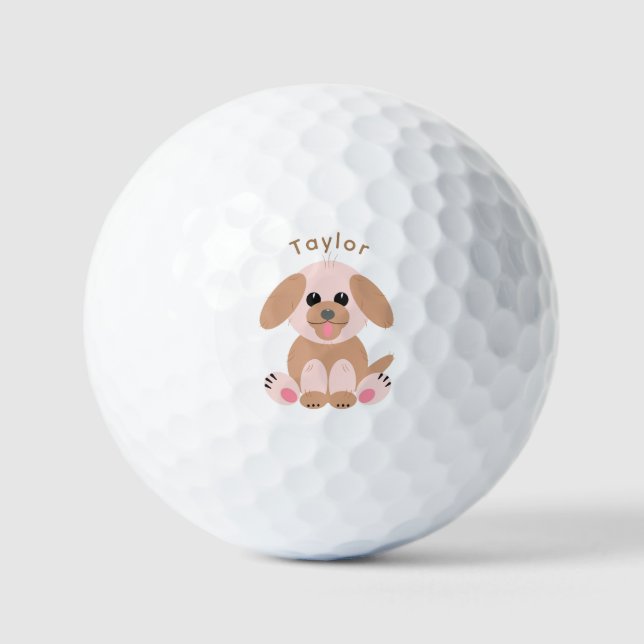 Puppy Dog Cute Cartoon Pastel Neutral Personalised Golf Balls (Front)