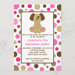Puppy Dog Dots Pink Birthday Invitations