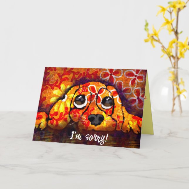 Puppy Dog Eyes Whimsical Abstract Floral Orange Card (Yellow Flower)