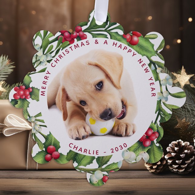 Puppy Dog First Christmas Custom 2 Photo Mistletoe Tree Decoration Card (Creator Uploaded)