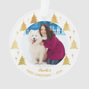 Puppy Dog First Christmas Pet Photo White and Gold Ornament