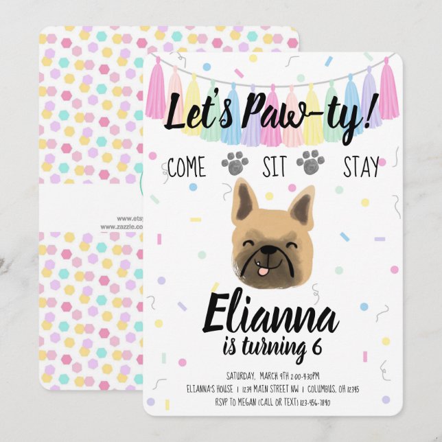 Puppy Dog Frenchie Girl Birthday Pawty Invitation (Front/Back)