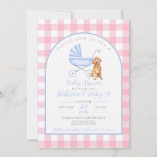 Puppy Dog Girl Baby Shower Gingham Invitation Pink