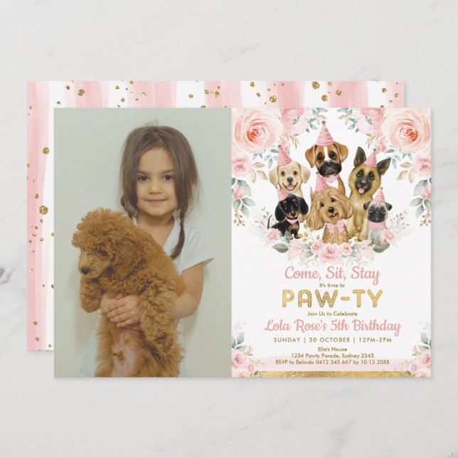 Puppy Dog Girl Birthday Party Blush Floral Photo Invitation (Front/Back)