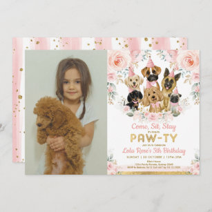 Puppy Dog Girl Birthday Party Blush Floral Photo Invitation