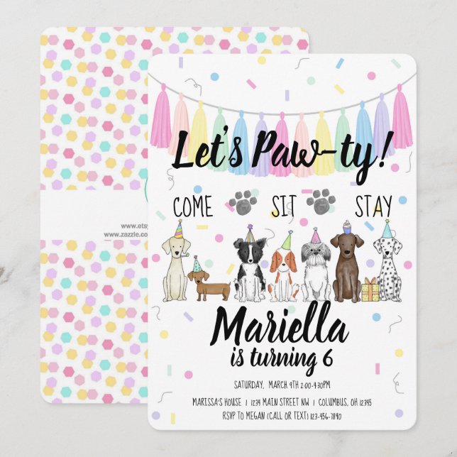 Puppy Dog Girl Birthday Pawty Invitation (Front/Back)