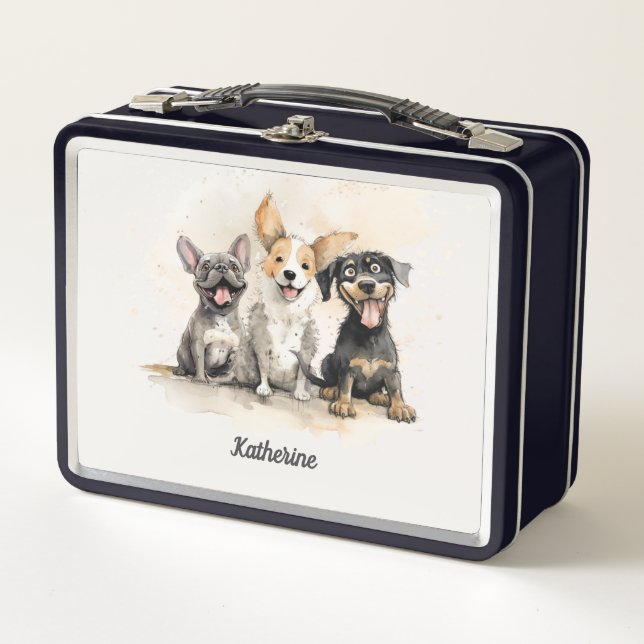 Puppy Dog Girls Watercolor Personalised Metal Lunch Box (Front)