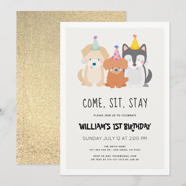 Puppy Dog Gold Glitter Birthday Pawty Invitation (Front/Back)