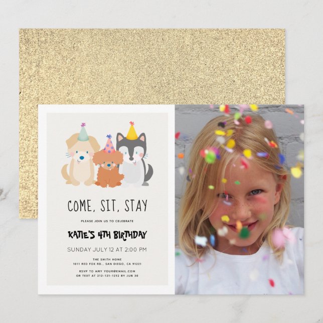 Puppy Dog Gold Glitter Birthday Pawty Photo Invitation (Front/Back)