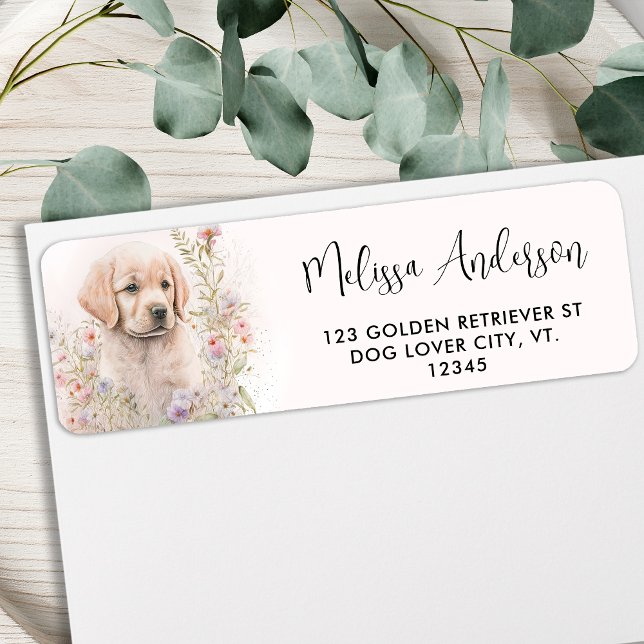 Puppy Dog Golden Retriever Floral Return Address  Label (Creator Uploaded)