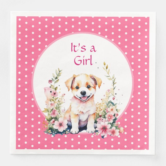 Puppy Dog in Flowers Girl's Baby Shower Its a Girl Napkin (Front)