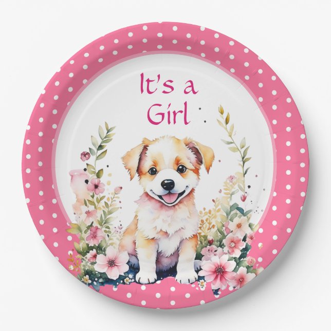 Puppy Dog in Flowers Girl's Baby Shower Its a Girl Paper Plate (Front)