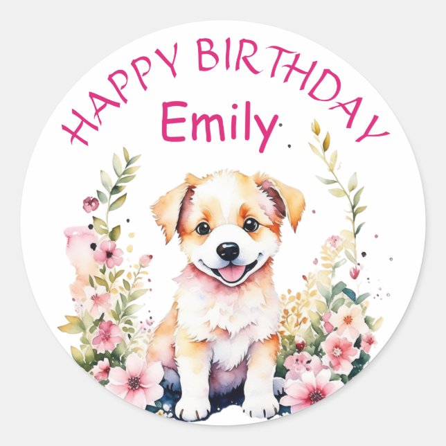 Puppy Dog in Flowers Girl's Birthday Party  Classic Round Sticker (Front)