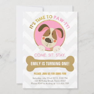 Puppy dog invitation pink and Gold Paw-ty