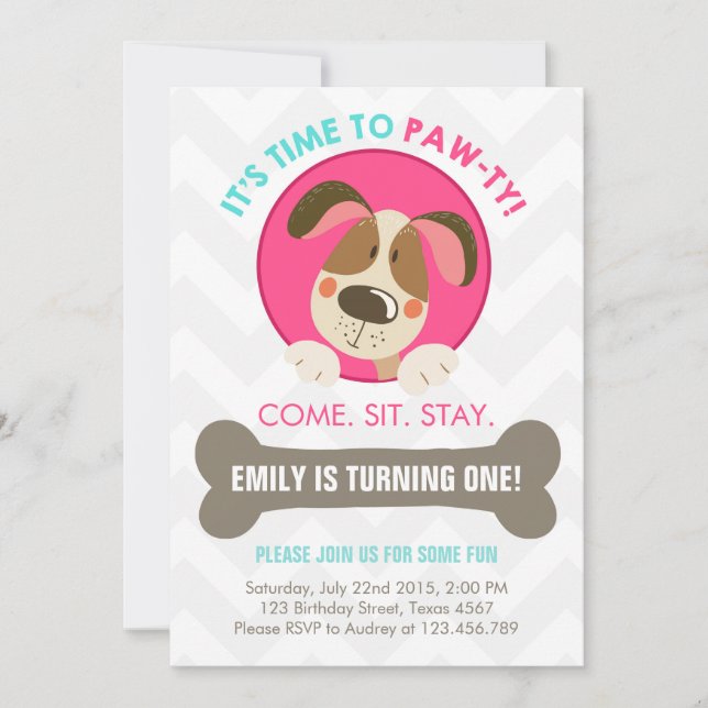 Puppy dog invitation pink turquoise chevron (Front)
