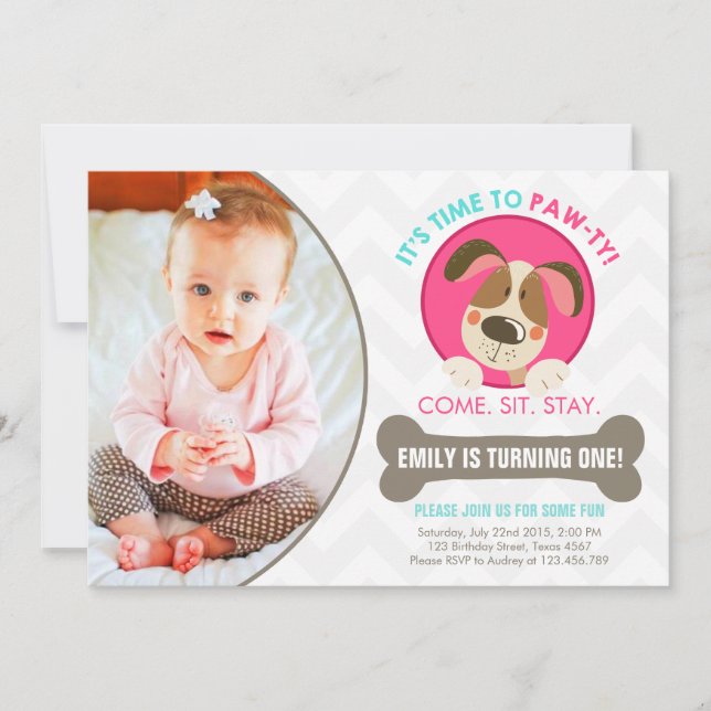 Puppy dog invitation pink turquoise chevron (Front)