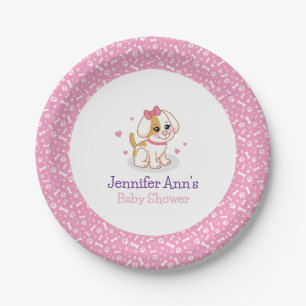 Puppy Dog It's a Girl Pink Hair Bow Baby Shower Paper Plate