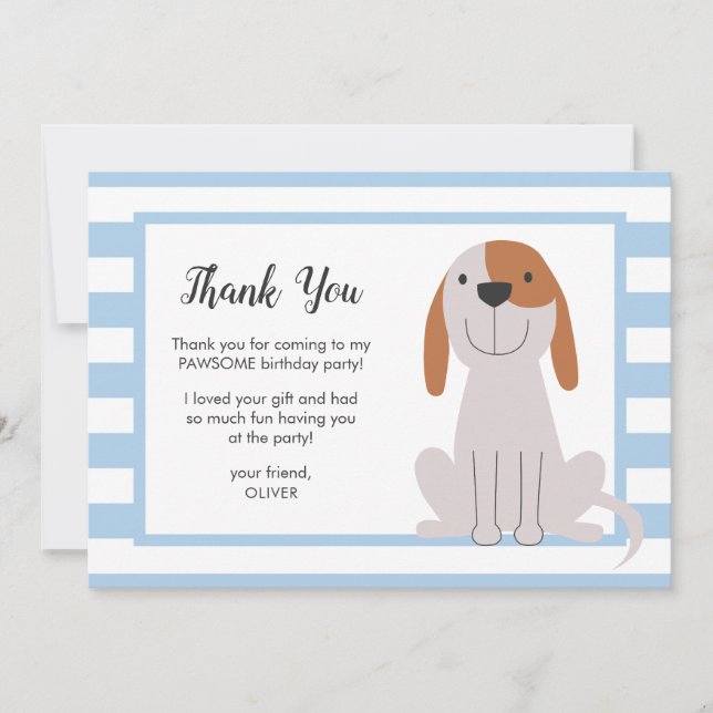 Puppy Dog Kids Birthday Blue Thank You Card (Front)