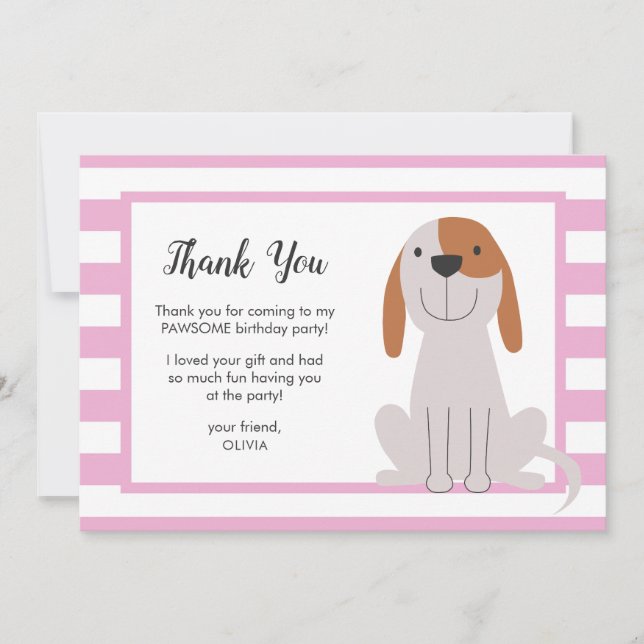 Puppy Dog Kids Birthday Pink Thank You Card (Front)