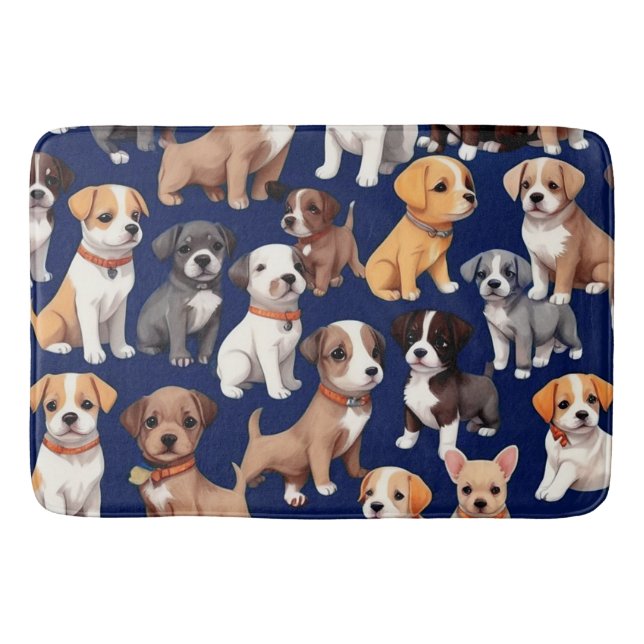Puppy Dog Navy Blue Pattern Design Bath Mat (Front)
