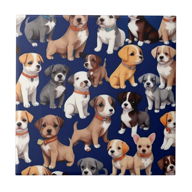 Puppy Dog Navy Blue Pattern Design Ceramic Tile (Front)