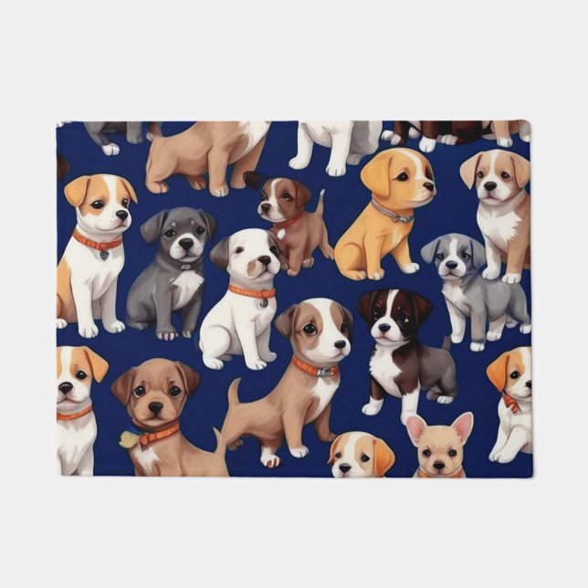 Puppy Dog Navy Blue Pattern Design Doormat (Front)