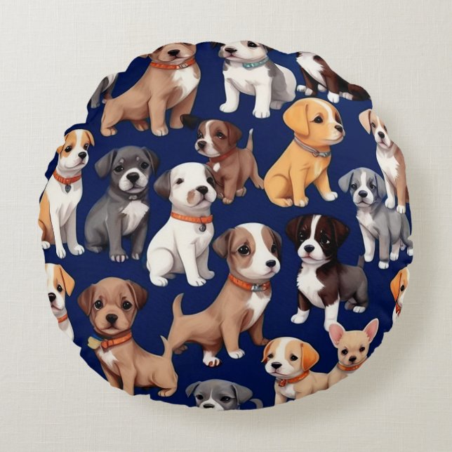 Puppy Dog Navy Blue Pattern Design Round Cushion (Front)