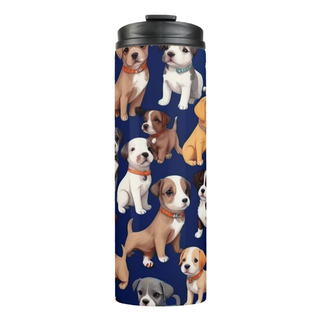 Puppy Dog Navy Blue Pattern Design Thermal Tumbler (Front)